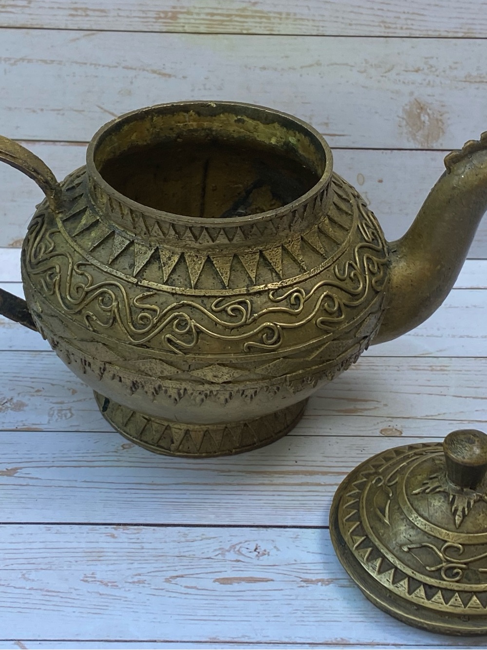 Vintage Heavy Decorative Brass Teapot with Ornate Etching